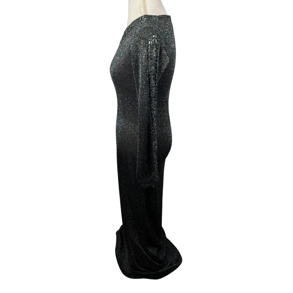 Vintage Black Metallic Shimmer Maxi Bodycon Dress Stretch Crochet Size S/M - Picture 5 of 14